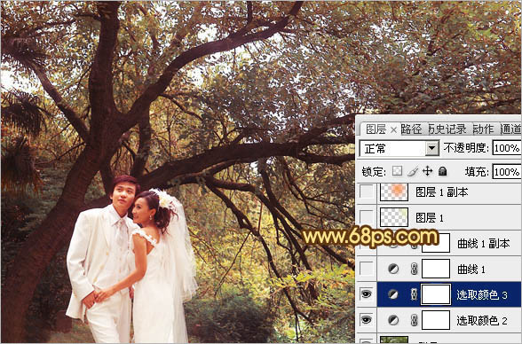 Photoshop调出树林婚片温馨的橙褐色 数码后期教程