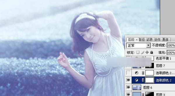Photoshop打造淡淡梦幻的蓝色外景美女图片