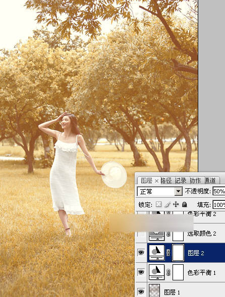 Photoshop打造唯美的淡黄色草地树林人物图片