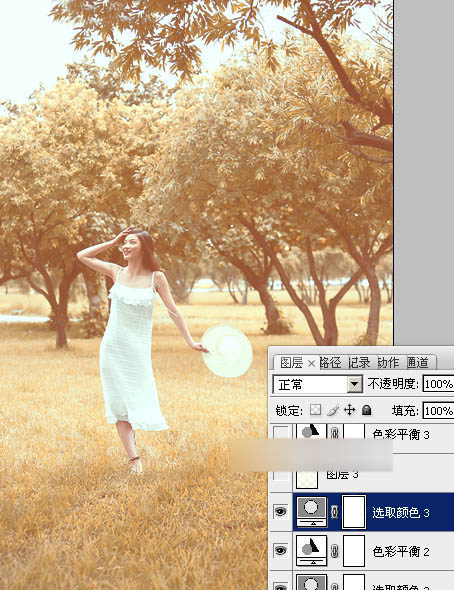 Photoshop打造唯美的淡黄色草地树林人物图片