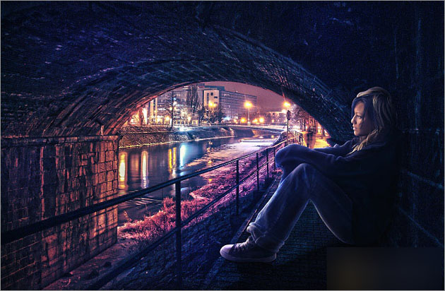 用PS合成桥洞中欣赏夜景的冷色调孤独美女