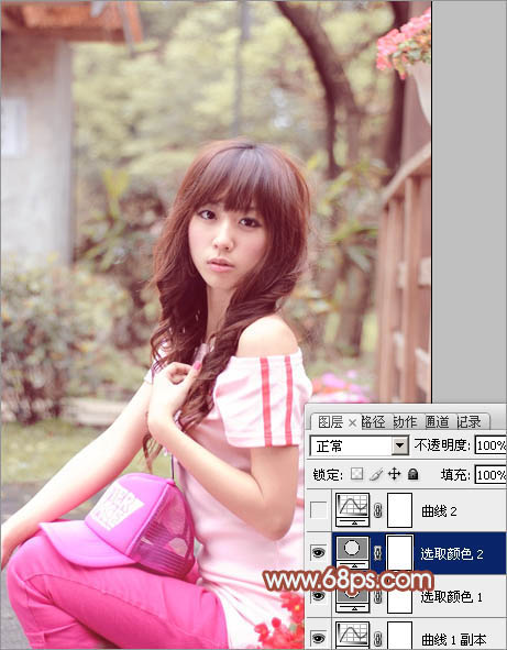 Photoshop給花壇邊美女加上小清新的淡調(diào)紅褐色