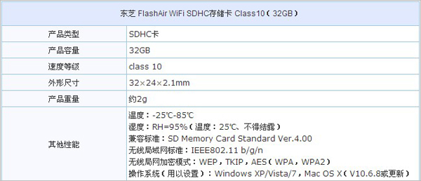 东芝FlashAir SD卡的主要参数