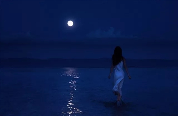日与月映衬的少女 和夏天的海